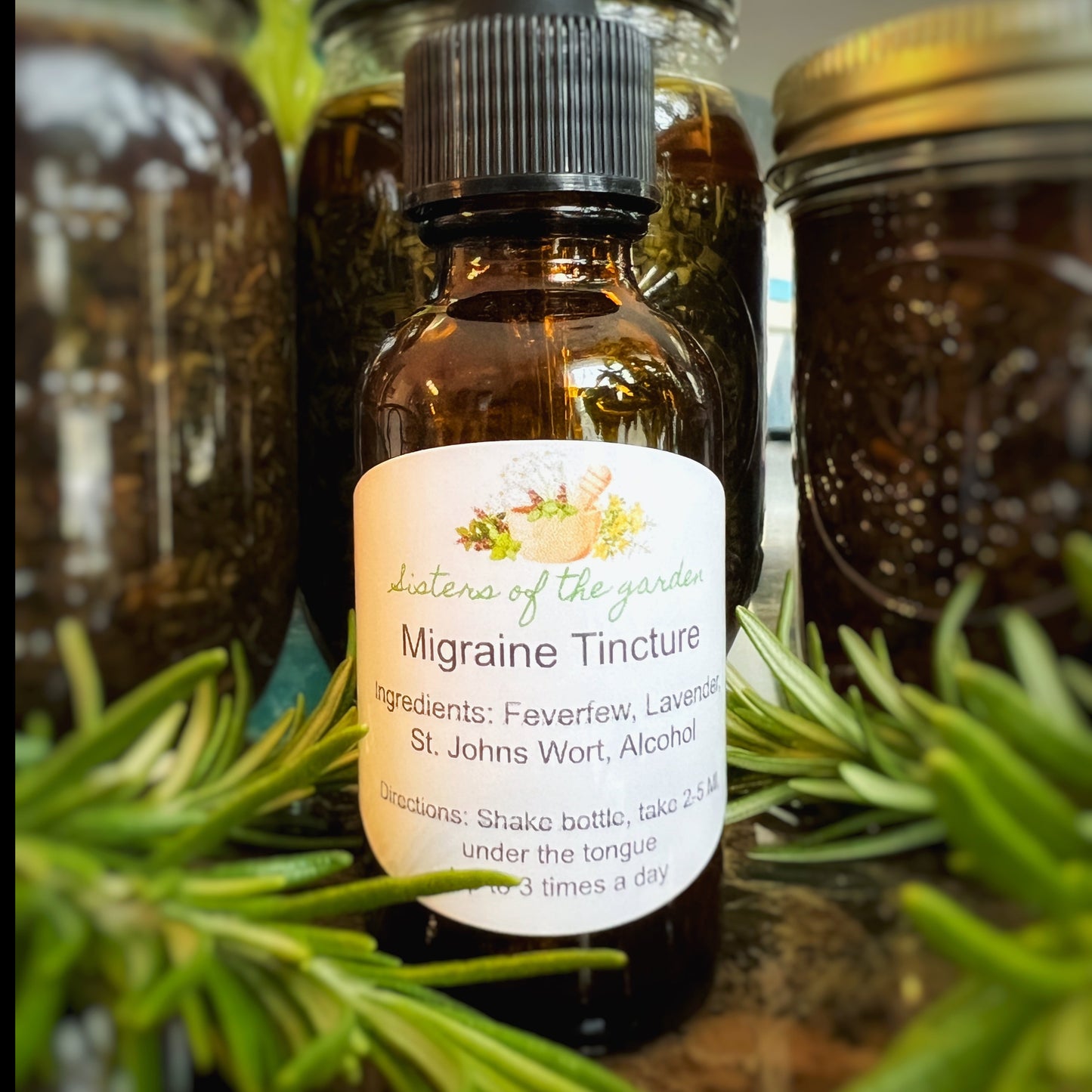 Migraine and headache relief natural tincture by Sisters of the Garden Herbal Apothecary.