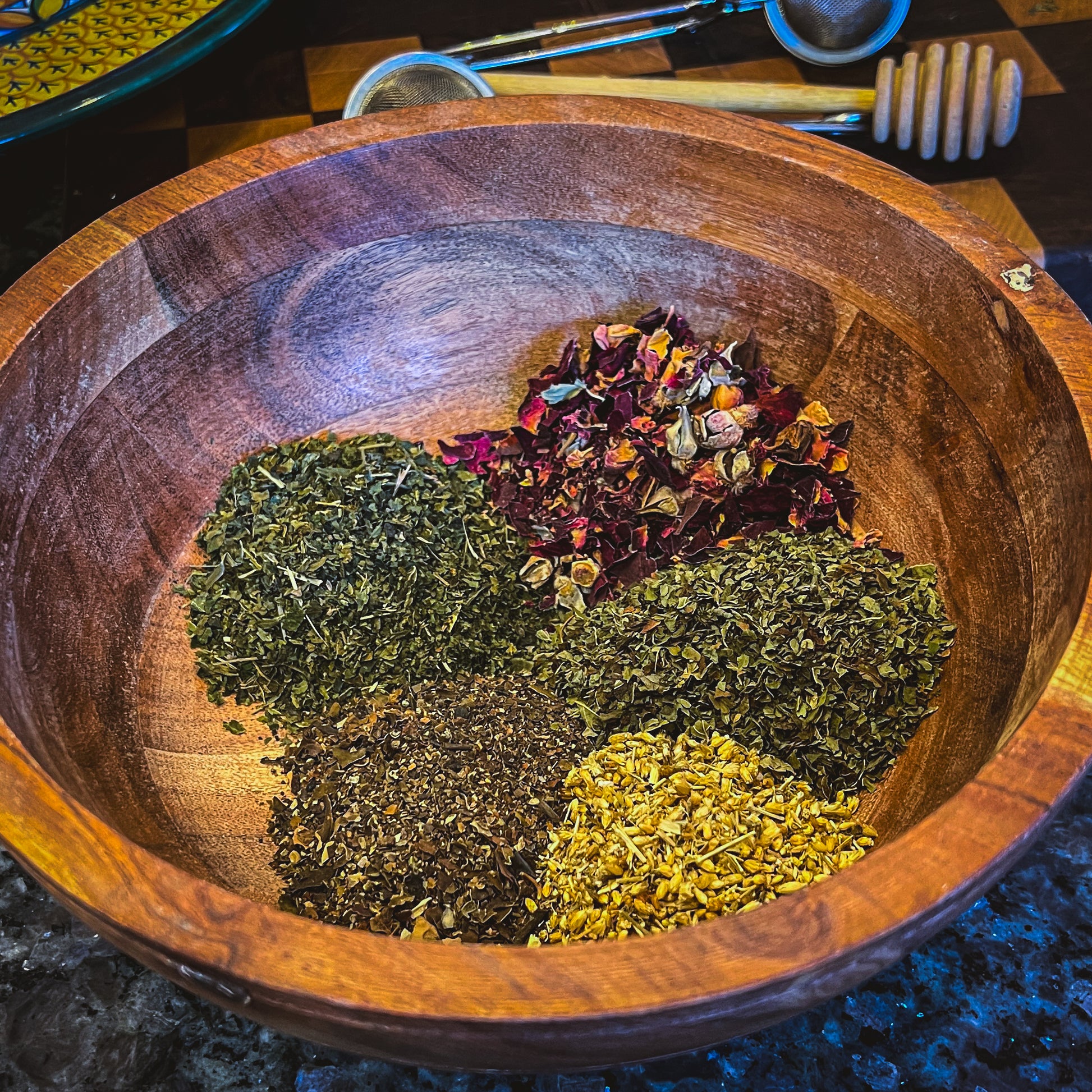 Hypothyroid Regulator Tea, a herbal blend formulated with ingredients like Nettle Leaf, Yarrow, Bladderwrack, Lemon Balm, and Rose Petals, designed to support thyroid health and promote well-being.