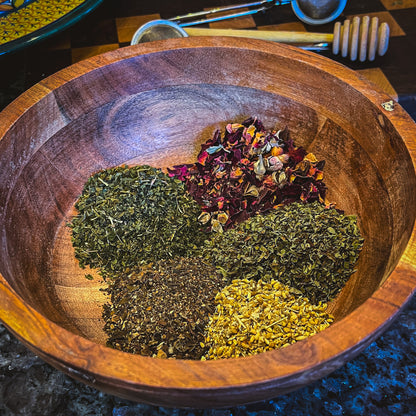 Hypothyroid Regulator Tea, a herbal blend formulated with ingredients like Nettle Leaf, Yarrow, Bladderwrack, Lemon Balm, and Rose Petals, designed to support thyroid health and promote well-being.