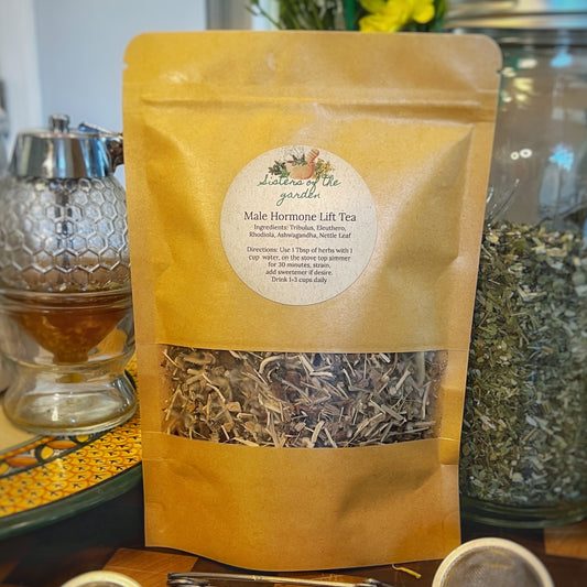  Male Lift Tea, a herbal blend crafted with ingredients like Tribulus, Eleuthero, Nettle Root, Rhodiola, Ashwagandha, and Cinnamon, formulated to support men's health, vitality, and hormone balance."