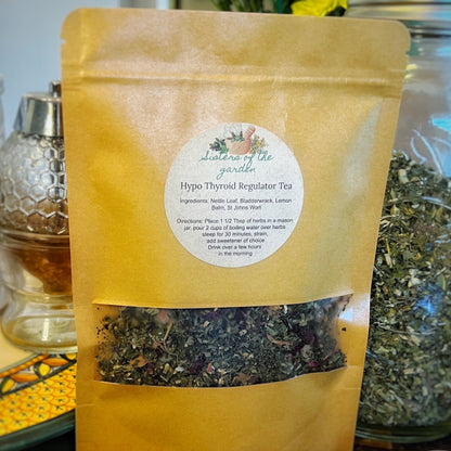 Hypothyroid Regulator Tea, a herbal blend formulated with ingredients like Nettle Leaf, Yarrow, Bladderwrack, Lemon Balm, and Rose Petals, designed to support thyroid health and promote well-being.