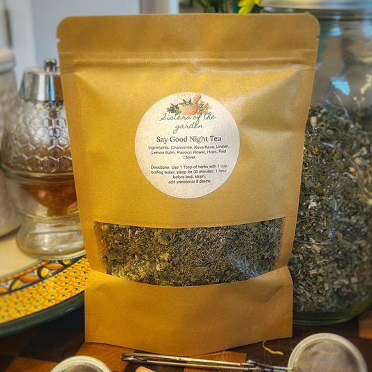  Say Goodnight Tea, a soothing herbal blend containing ingredients like Chamomile, Lavender, Valerian Root, and Hops, crafted to promote relaxation and support restful sleep.