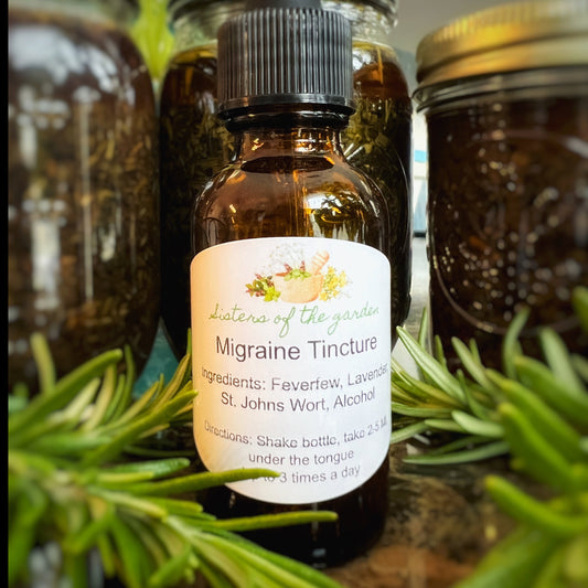 Migraine and headache relief natural tincture by Sisters of the Garden Herbal Apothecary. 